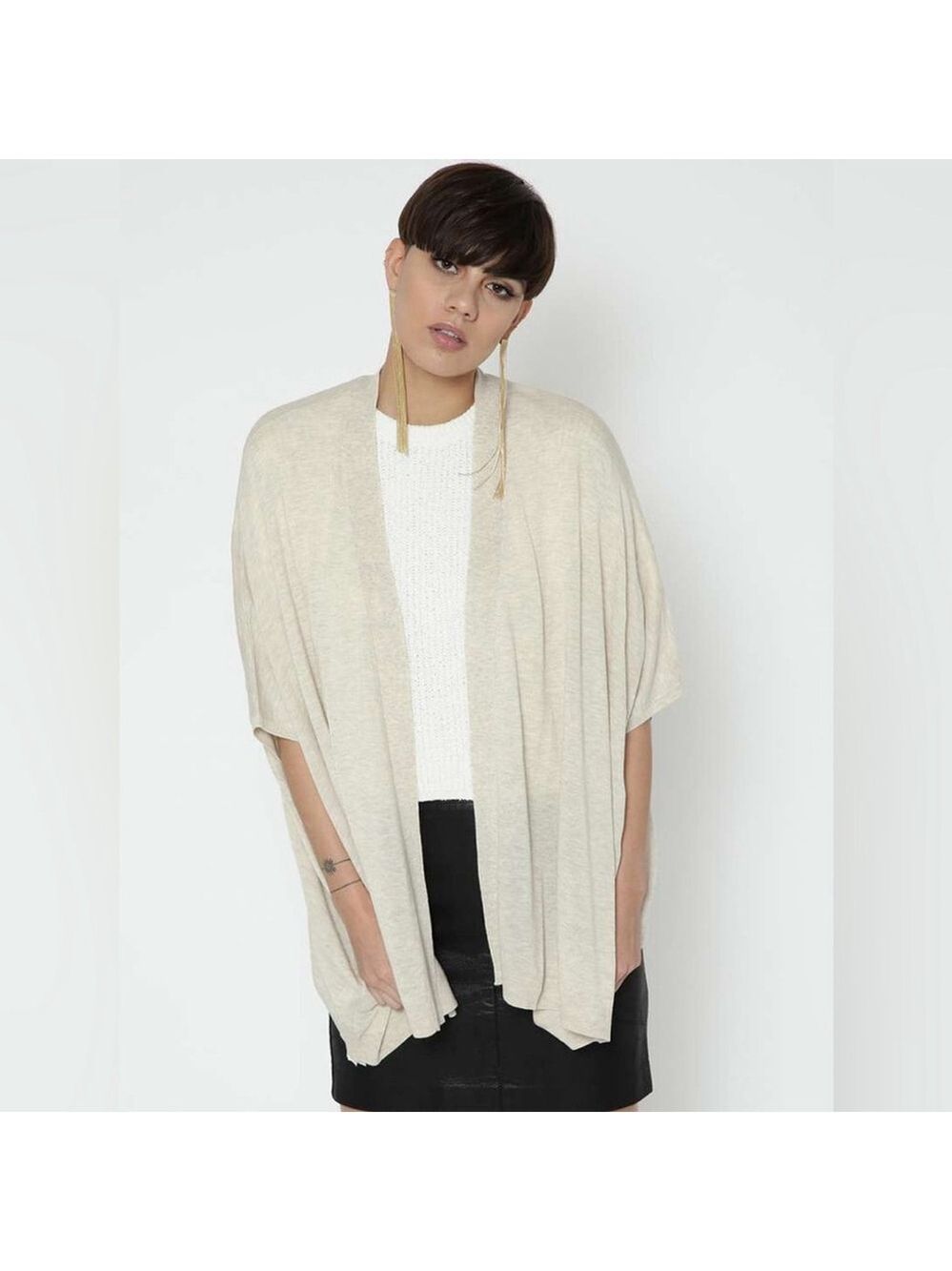 OAK + FORT Heathered Oat Short Sleeve Open Front Cotton Cardigan Size M